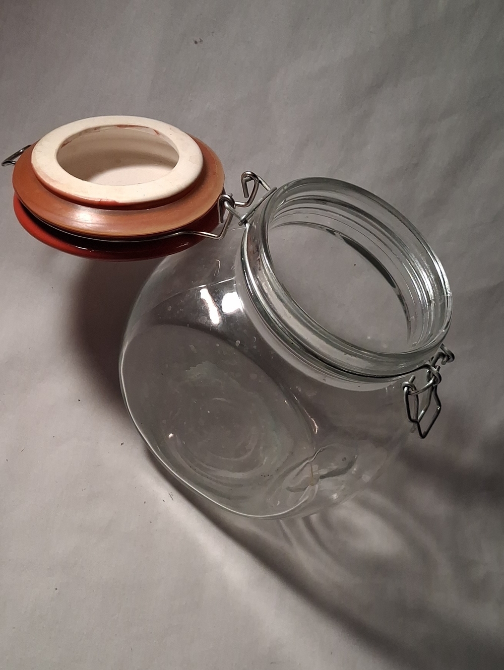 Vintage Air Tight Glass Storage Jar with Red Rubber Gasket Two Sitting Angles